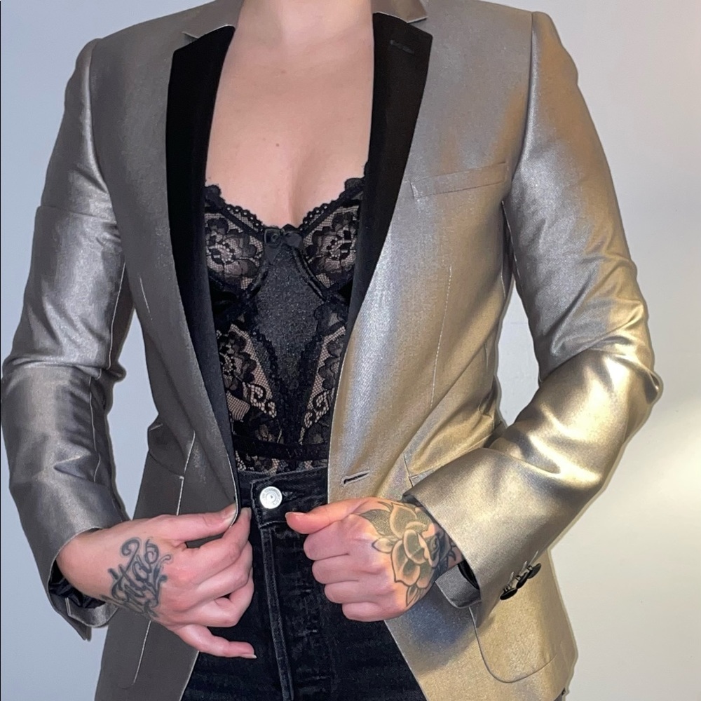 Silver Topshop blazer. Able to dress it up or make it casual for a night out.